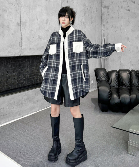 Contrast Panel Check Shirt Jacket